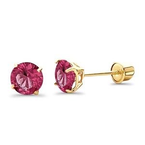 Solid 14K Yellow Gold Round Ruby CZ Stud Earrings Screw Back 5mm